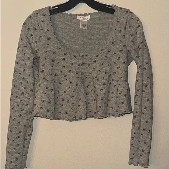 Gray Long Sleeve Ribbed, Fitted Crop Top - Picture 2 of 6